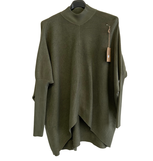 Batwing High Low Hem High Neck Jumper In Khaki