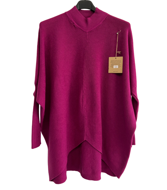 Batwing High Low Hem High Neck Jumper In Magenta