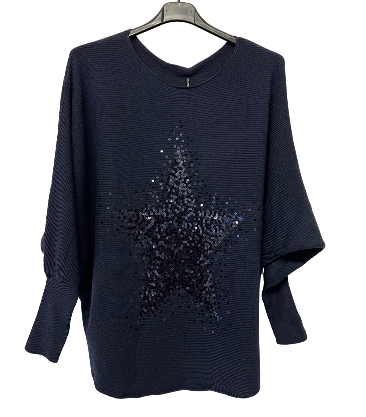 Sequin Star Batwing Sleeve Jumper In Navy