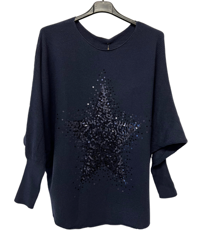 Sequin Star Batwing Sleeve Jumper In Navy