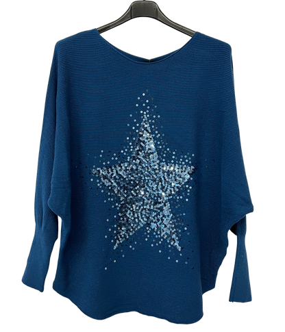 Sequin Star Batwing Sleeve Jumper In Teal