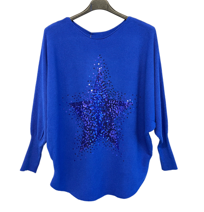 Sequin Star Batwing Sleeve Jumper In Royal Blue