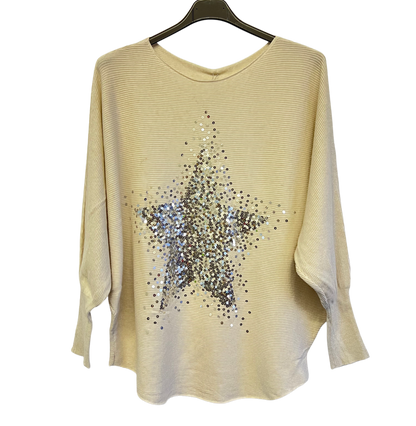 Sequin Star Batwing Sleeve Jumper In Cream