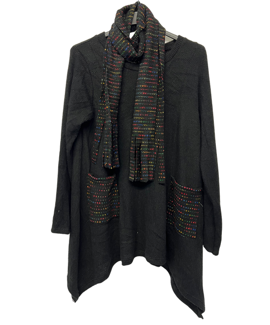 Knitted Tunic Long Top with Matching Scarf and 2 Pockets In Black