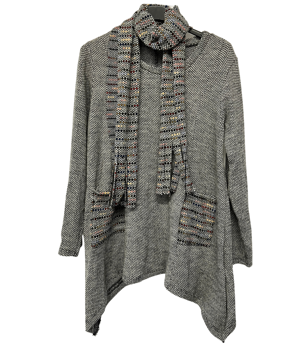 Knitted Tunic Long Top with Matching Scarf and 2 Pockets In Light Grey