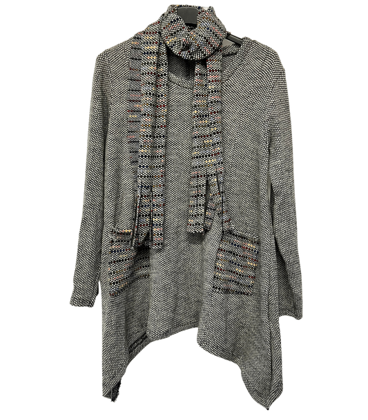 Knitted Tunic Long Top with Matching Scarf and 2 Pockets In Light Grey