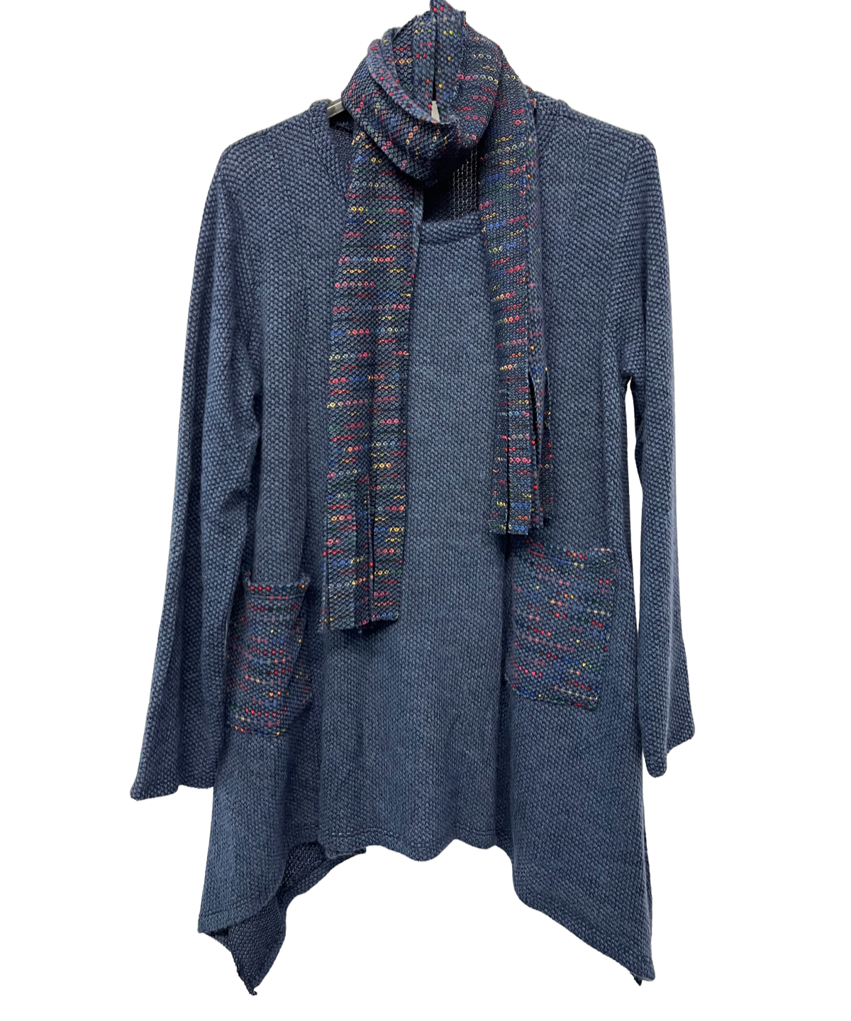 Knitted Tunic Long Top with Matching Scarf and 2 Pockets In Denim