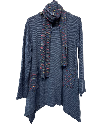 Knitted Tunic Long Top with Matching Scarf and 2 Pockets In Denim