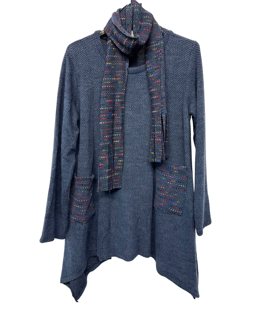 Knitted Tunic Long Top with Matching Scarf and 2 Pockets In Denim