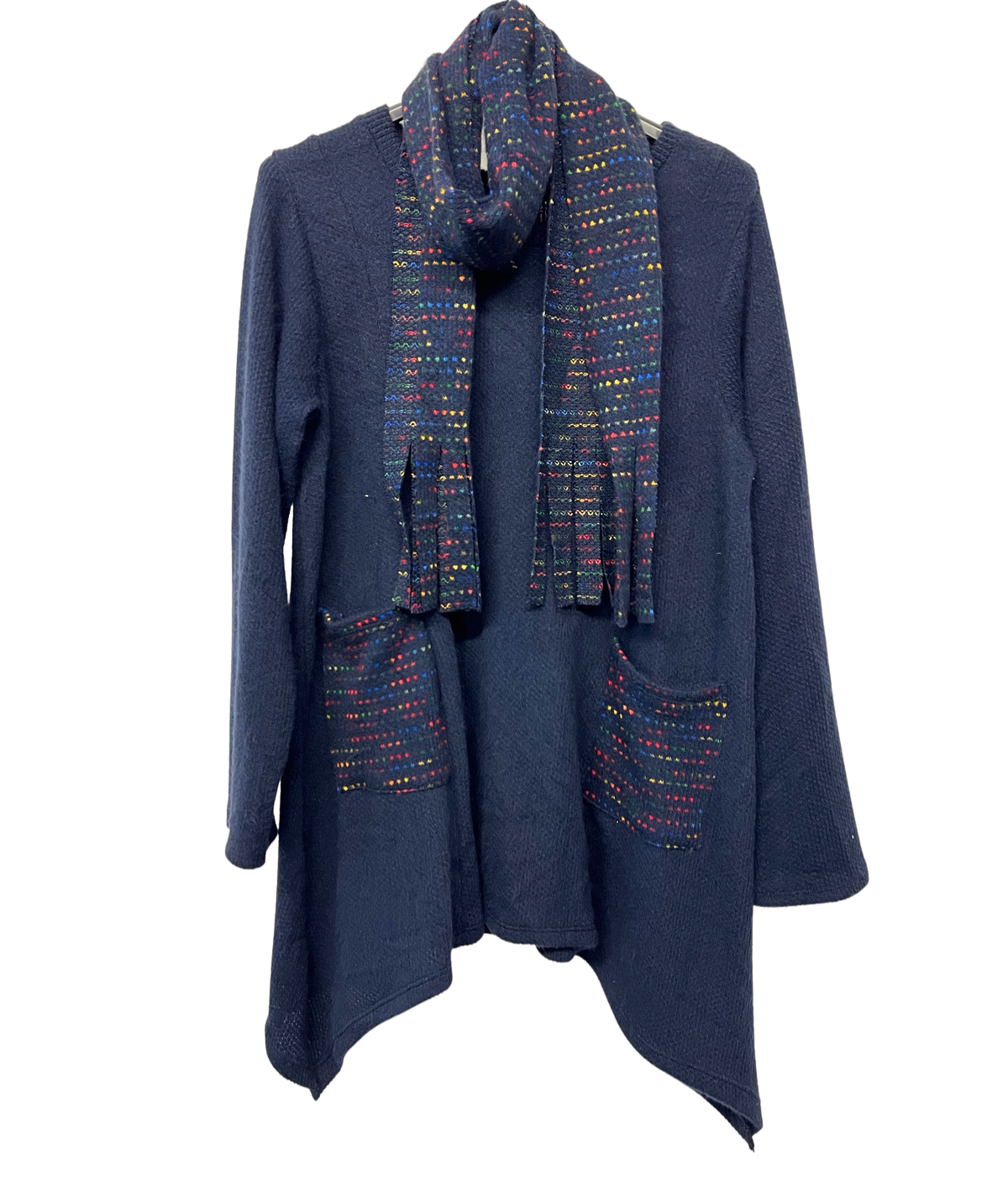 Knitted Tunic Long Top with Matching Scarf and 2 Pockets In Navy