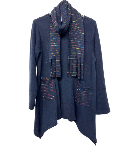 Knitted Tunic Long Top with Matching Scarf and 2 Pockets In Navy