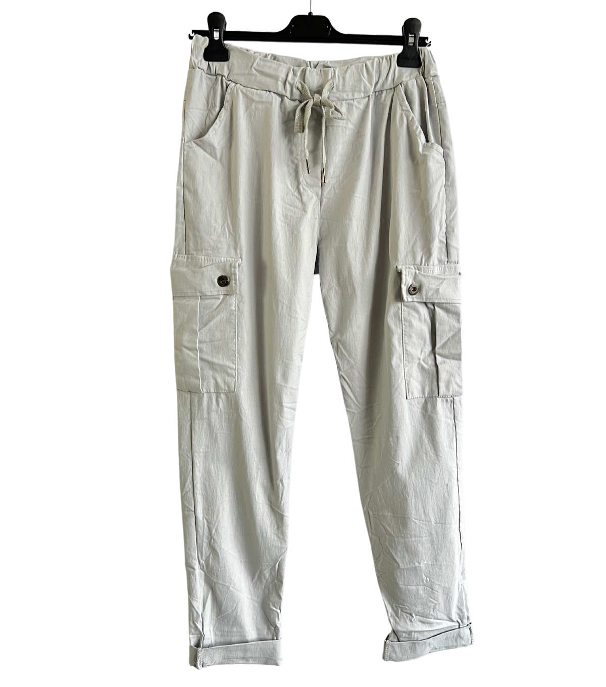 Stretchy Button Pockets Cargo Magic Pants In Silver