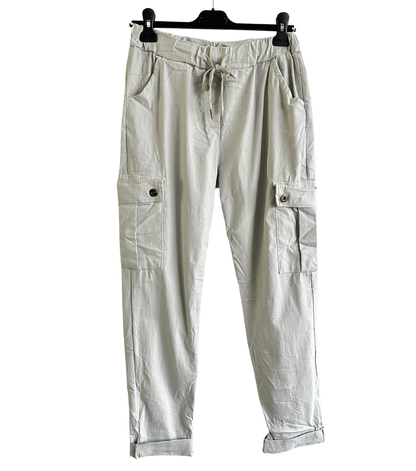 Stretchy Button Pockets Cargo Magic Pants In Silver