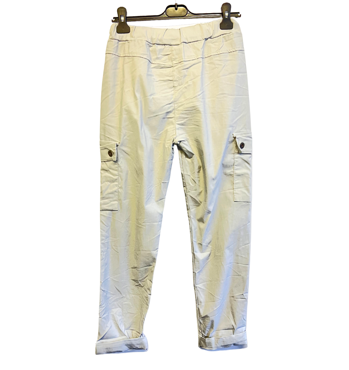 Stretchy Button Pockets Cargo Magic Pants In Silver