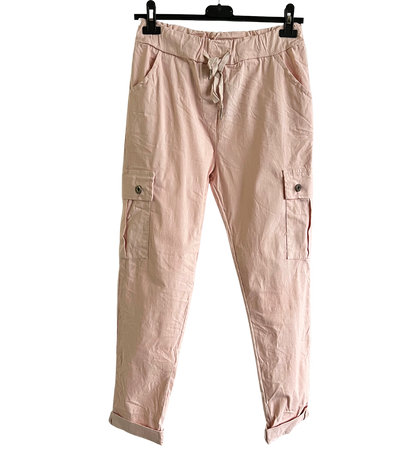 Stretchy Button Pockets Cargo Magic Pants In Pink