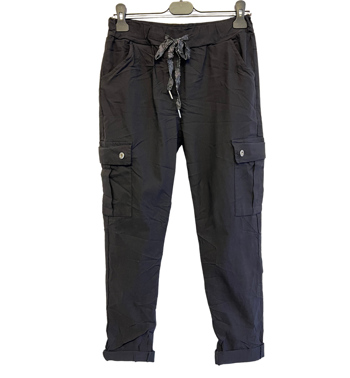 Stretchy Button Pockets Cargo Magic Pants In Black