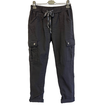 Stretchy Button Pockets Cargo Magic Pants In Black