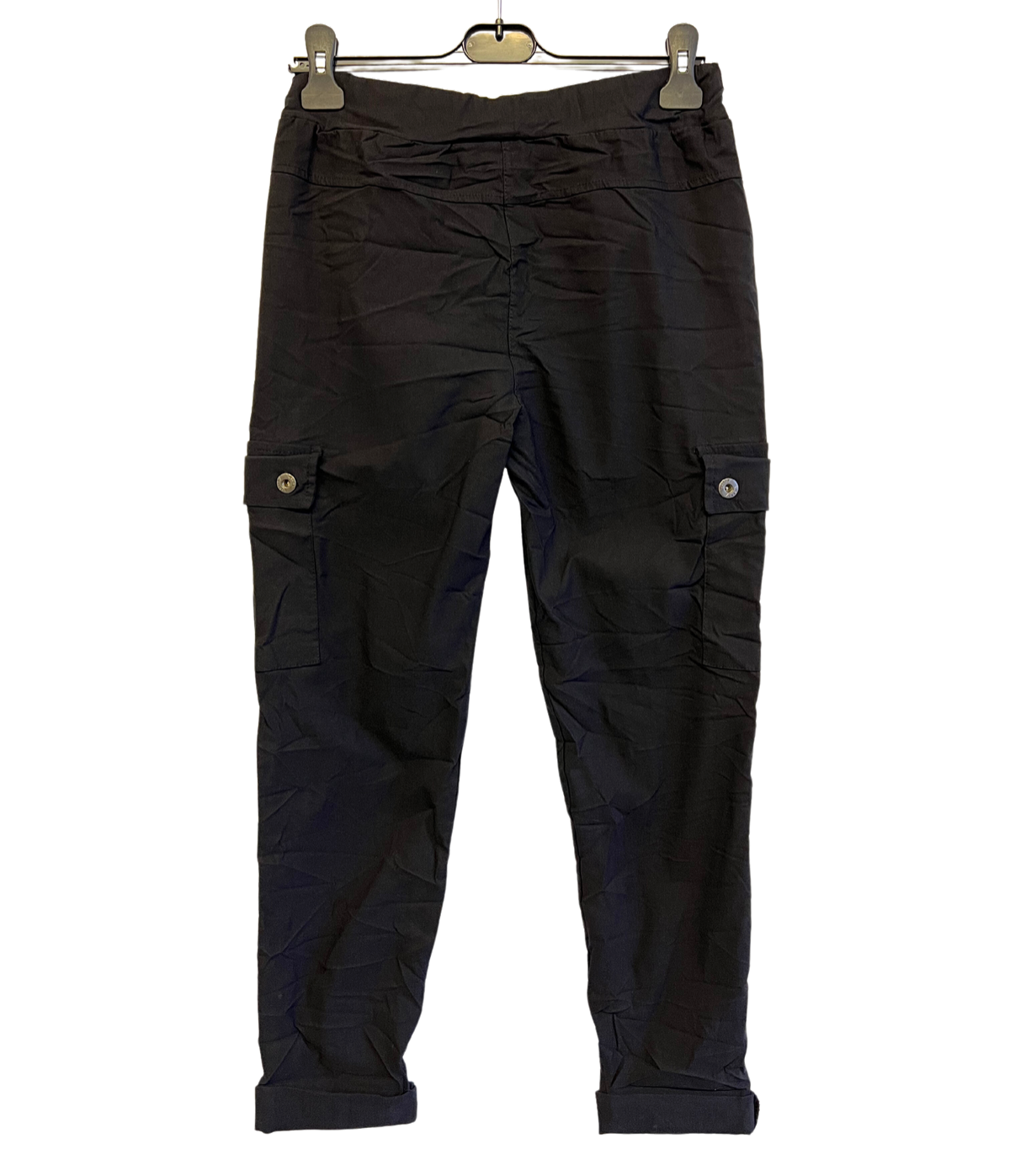 Stretchy Button Pockets Cargo Magic Pants In Black