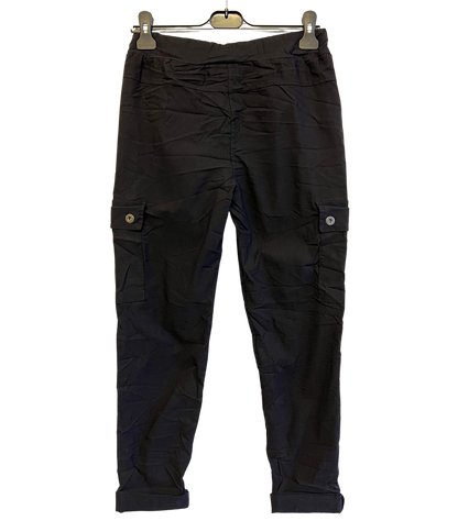 Stretchy Button Pockets Cargo Magic Pants In Black