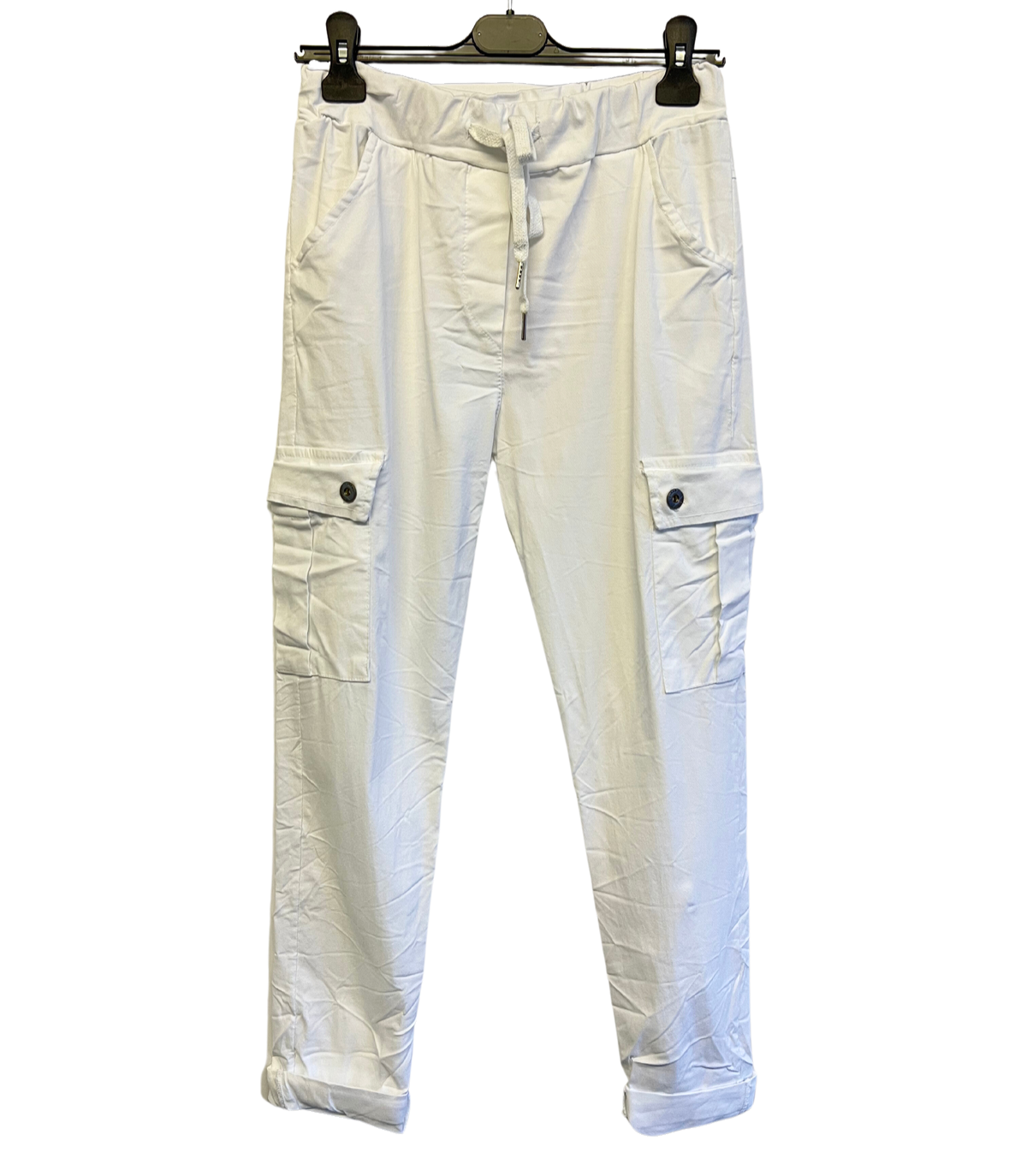 Stretchy Button Pockets Cargo Magic Pants In White