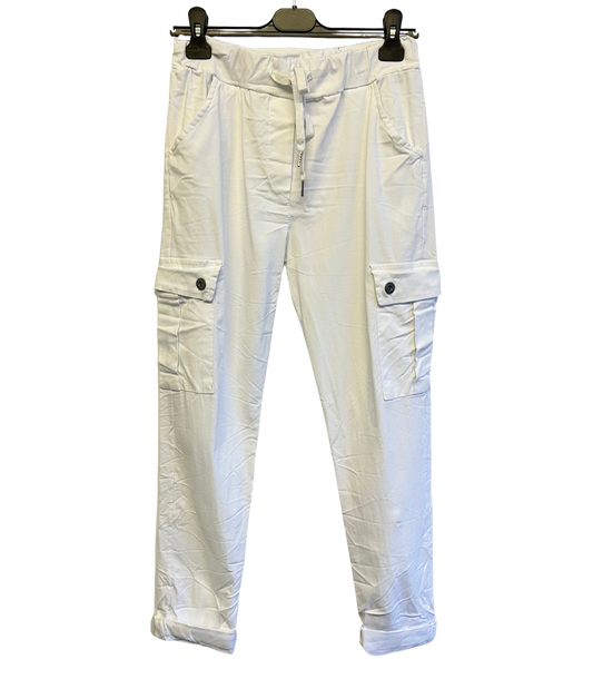 Stretchy Button Pockets Cargo Magic Pants In White