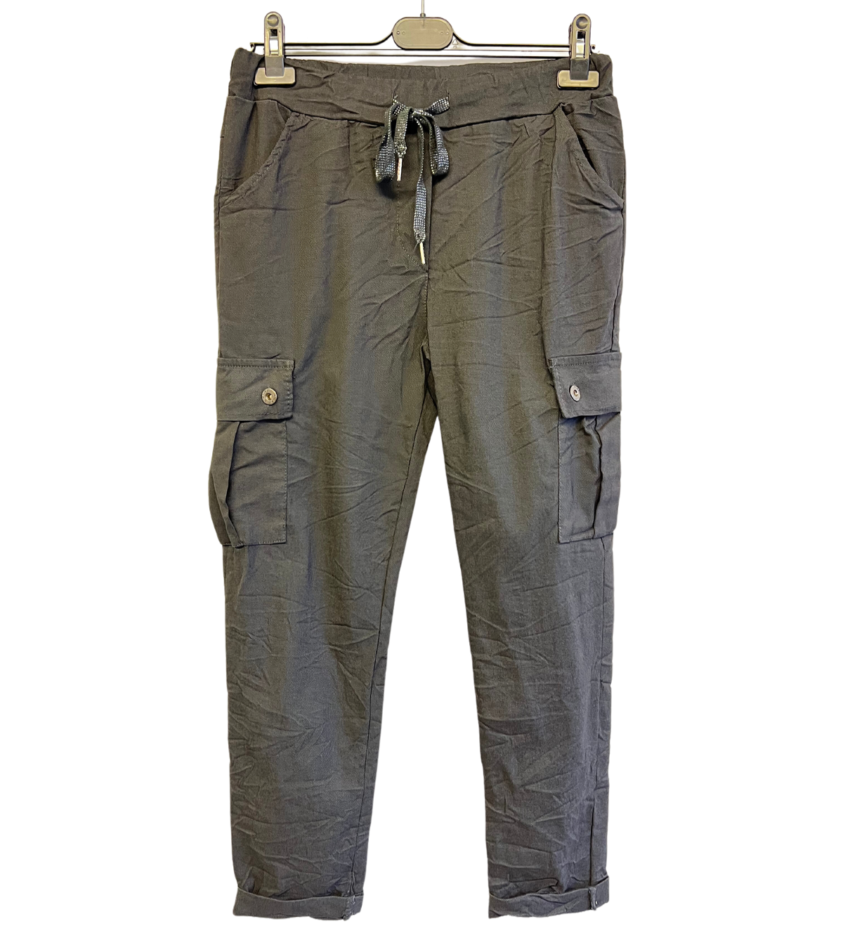 Stretchy Button Pockets Cargo Magic Pants In Charcoal