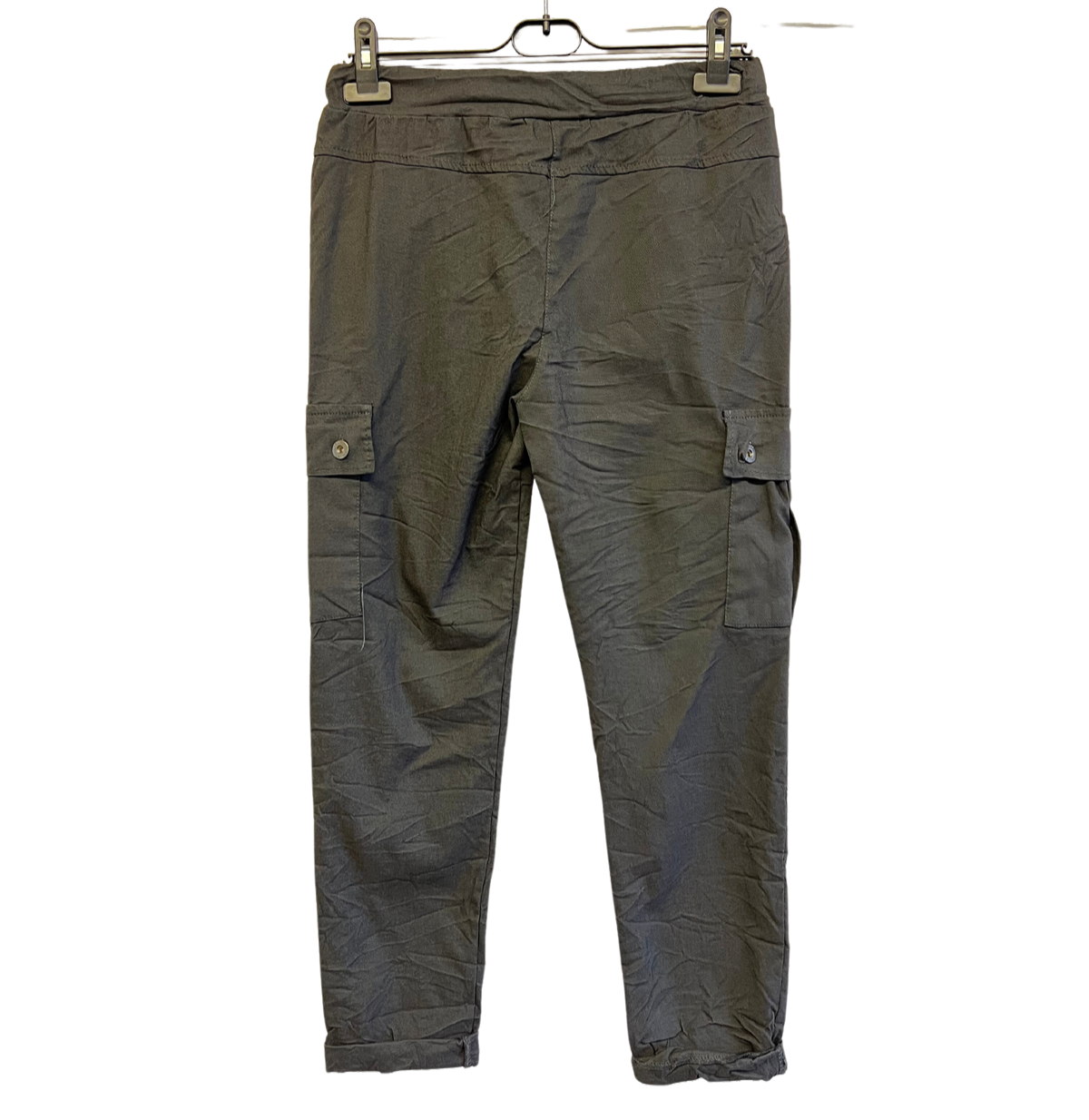 Stretchy Button Pockets Cargo Magic Pants In Charcoal