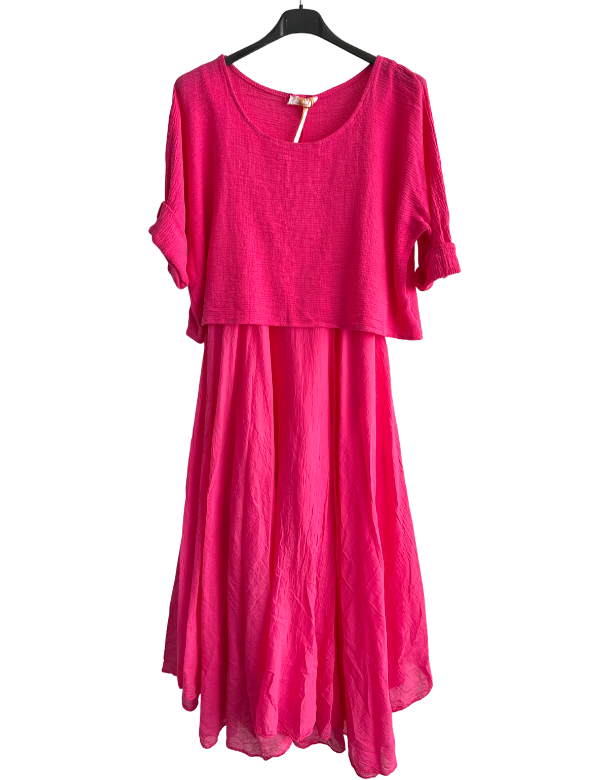 2 Piece Set Lightweight Maxi Dress with Over Crop Top In Fuchsia