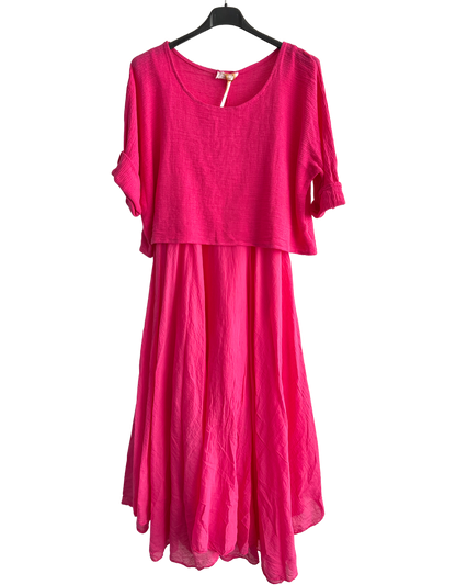 2 Piece Set Lightweight Maxi Dress with Over Crop Top In Fuchsia