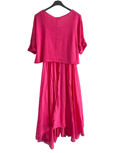 2 Piece Set Lightweight Maxi Dress with Over Crop Top In Fuchsia