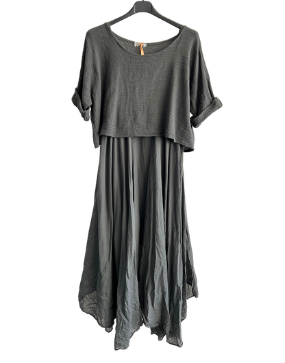 2 Piece Set Lightweight Maxi Dress with Over Crop Top In Charcoal