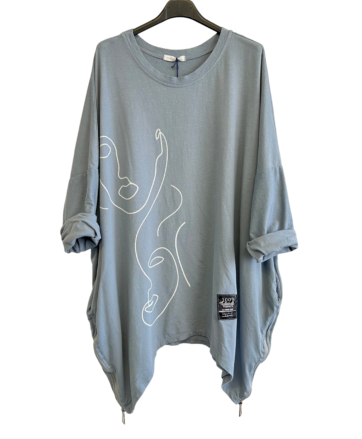 Face Print Batwing Style Zip Detail Top In Light Blue