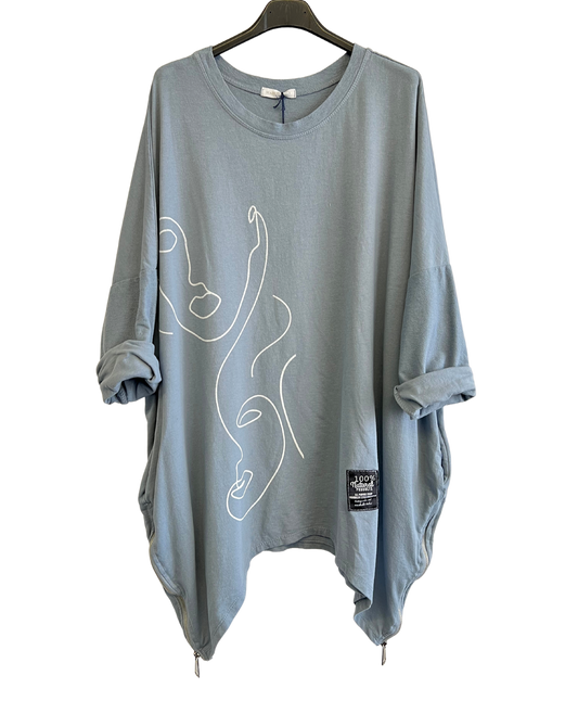 Face Print Batwing Style Zip Detail Top In Light Blue