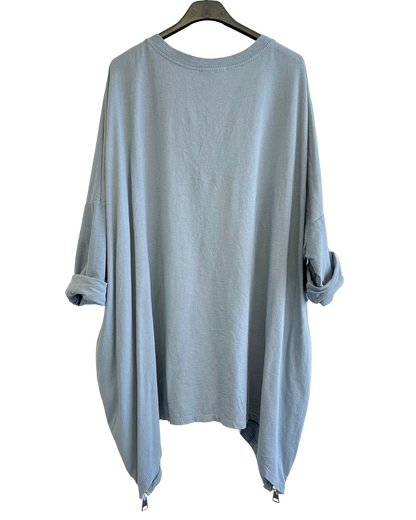 Face Print Batwing Style Zip Detail Top In Light Blue