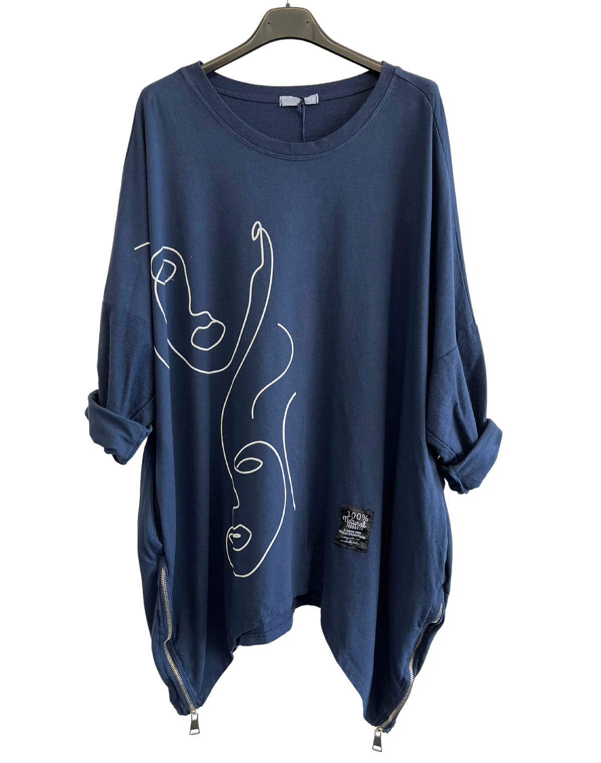 Face Print Batwing Style Zip Detail Top In Navy