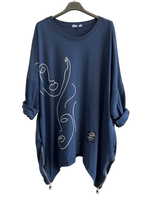 Face Print Batwing Style Zip Detail Top In Navy