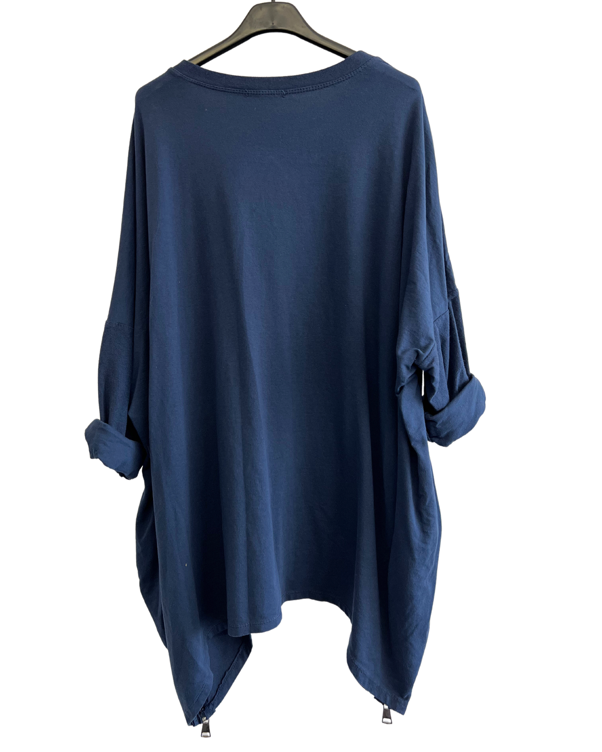 Face Print Batwing Style Zip Detail Top In Navy