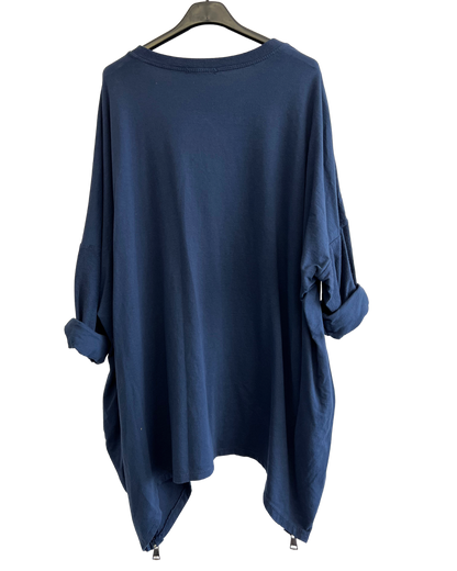 Face Print Batwing Style Zip Detail Top In Navy