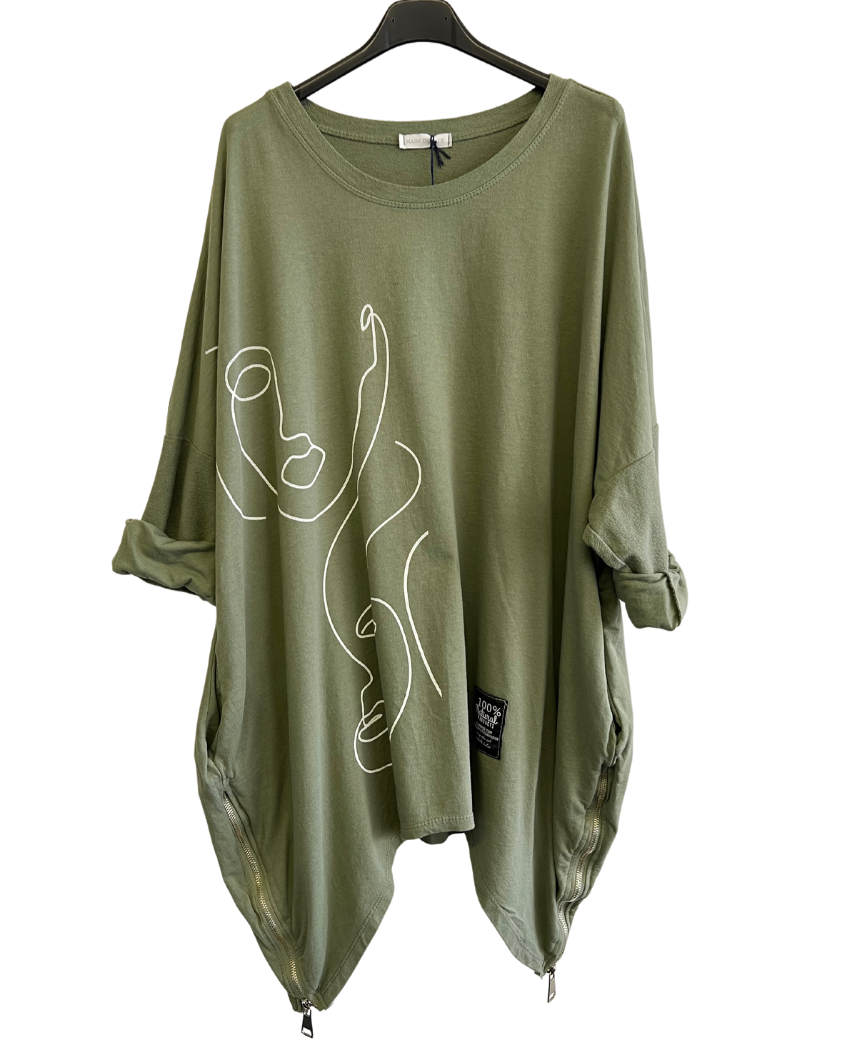 Face Print Batwing Style Zip Detail Top In Khaki