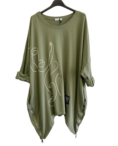 Face Print Batwing Style Zip Detail Top In Khaki