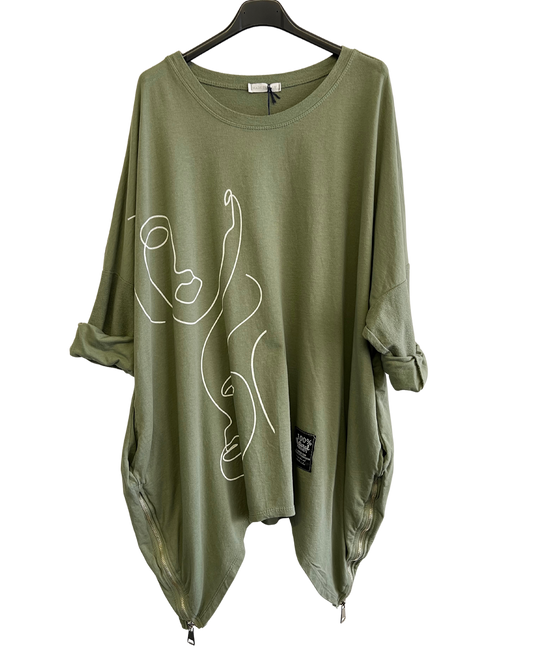 Face Print Batwing Style Zip Detail Top In Khaki