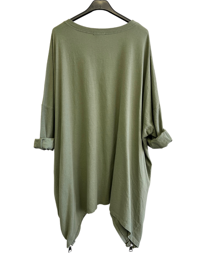 Face Print Batwing Style Zip Detail Top In Khaki