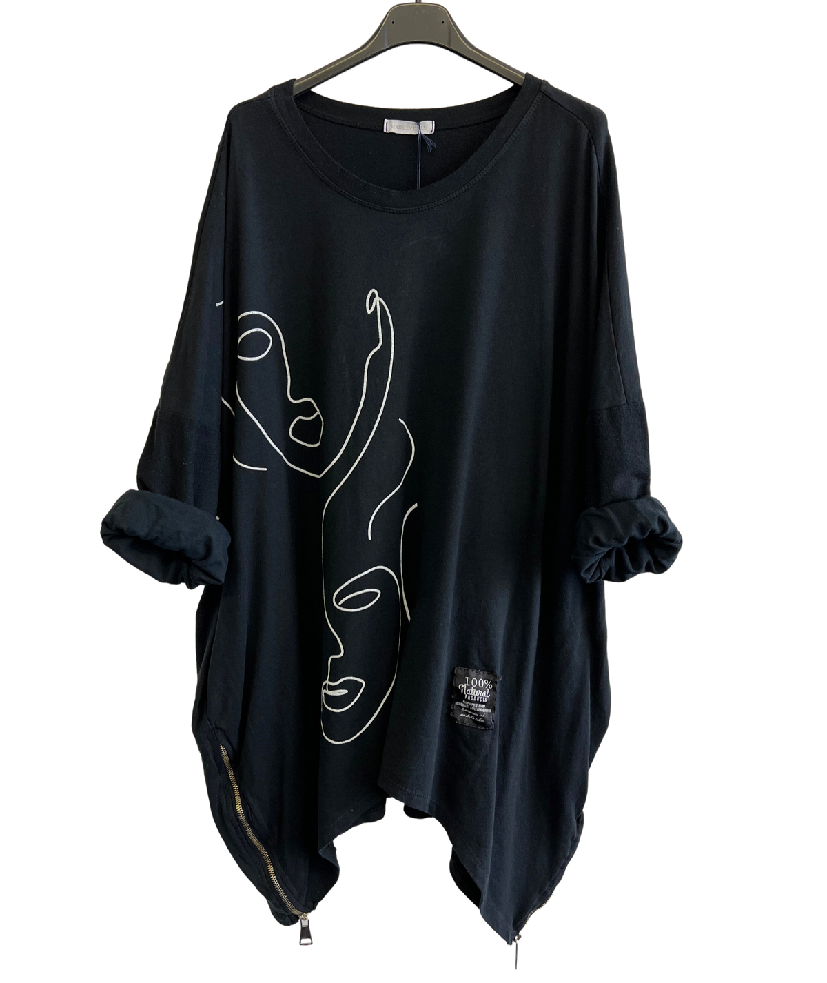 Face Print Batwing Style Zip Detail Top In Black