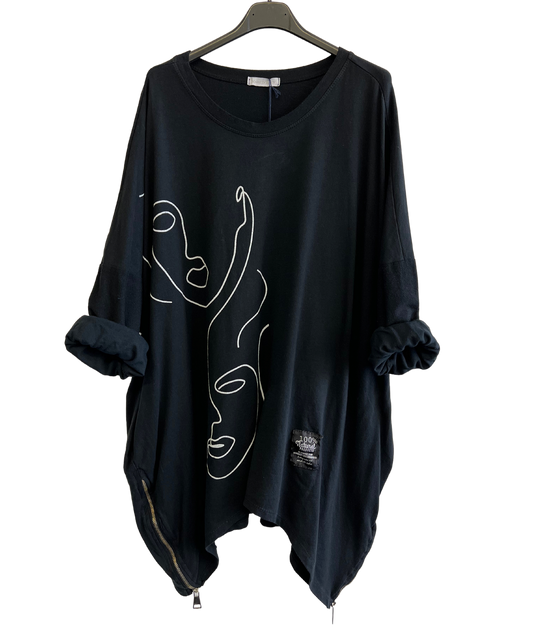 Face Print Batwing Style Zip Detail Top In Black