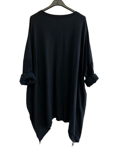 Face Print Batwing Style Zip Detail Top In Black