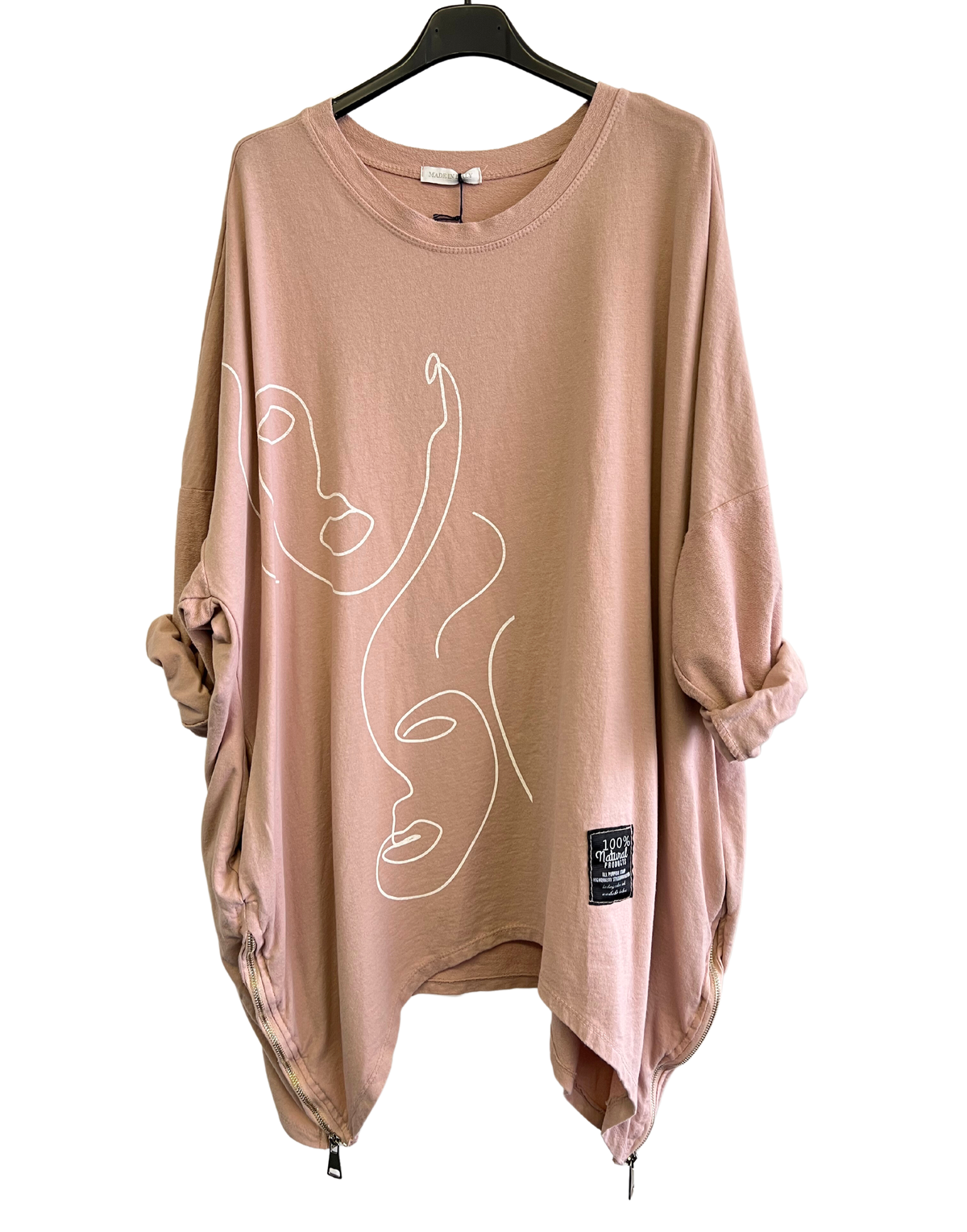 Face Print Batwing Style Zip Detail Top In Pink