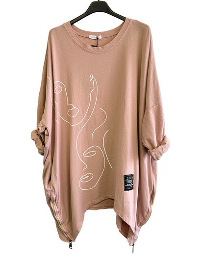 Face Print Batwing Style Zip Detail Top In Pink