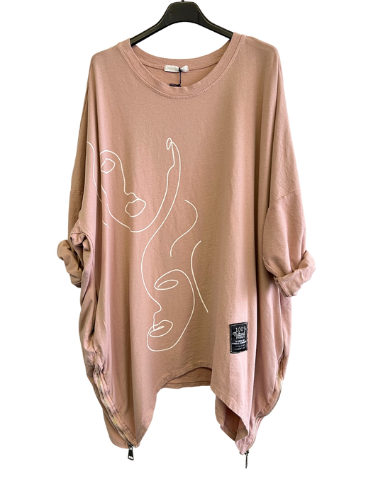 Face Print Batwing Style Zip Detail Top In Pink