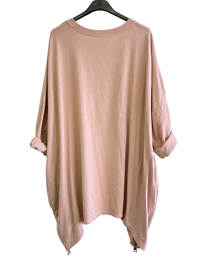 Face Print Batwing Style Zip Detail Top In Pink