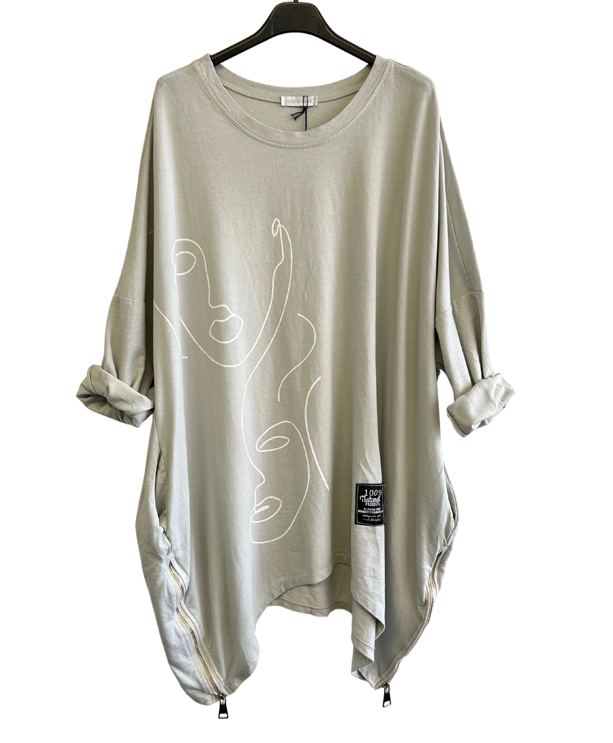 Face Print Batwing Style Zip Detail Top In Beige